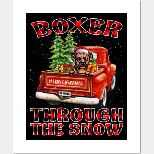 Christmas Boxer Through The Snow Dog Santa Truck Tree Posters and Art